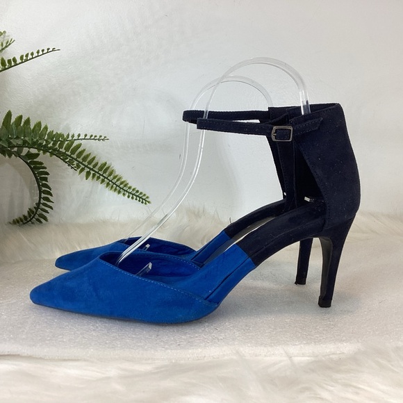 ZARA ANKLE STRAP POINTY TOE HEELS VEGAN LEATHER BLUE BLACK SZ EUR 39 US 9 - Picture 3 of 9